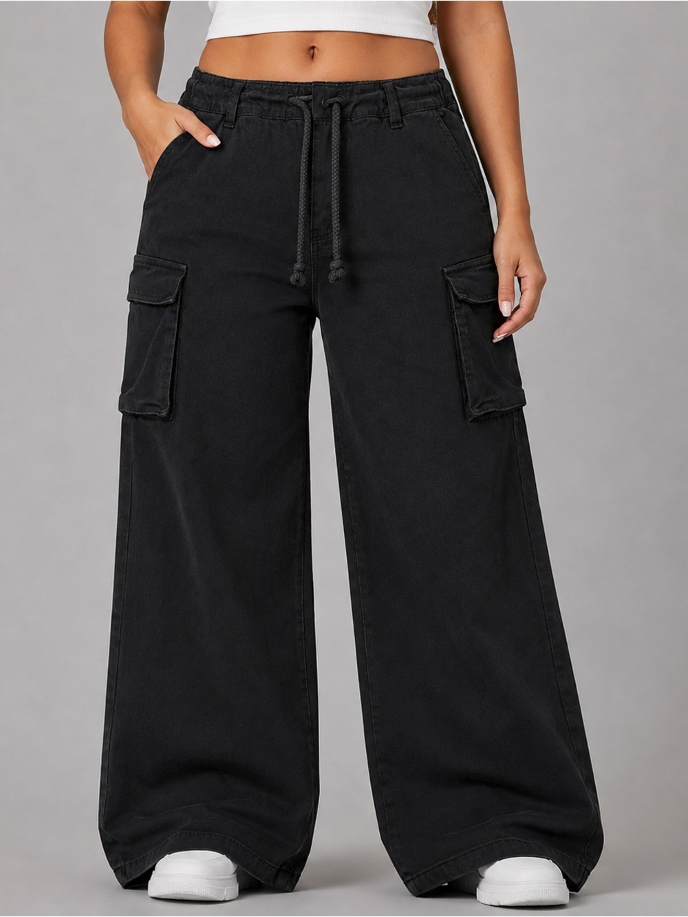 Fashion Nova Women’s Black Wide Leg Cargo Pants XL Y2K Streetwear